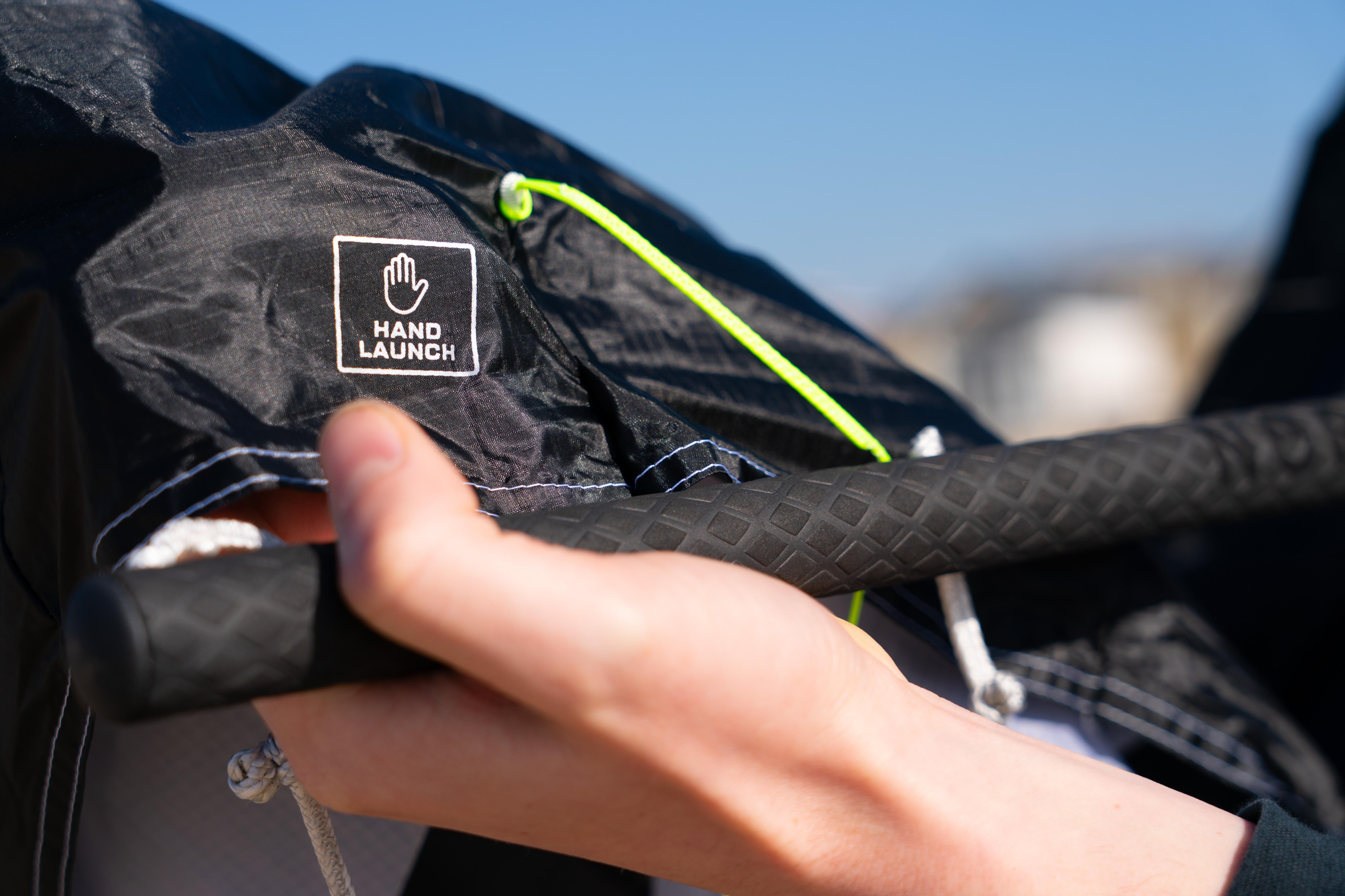 Close-up of the North Ranger parawing Hand Launch label showing the quick-deploy grab handle on the leading edge