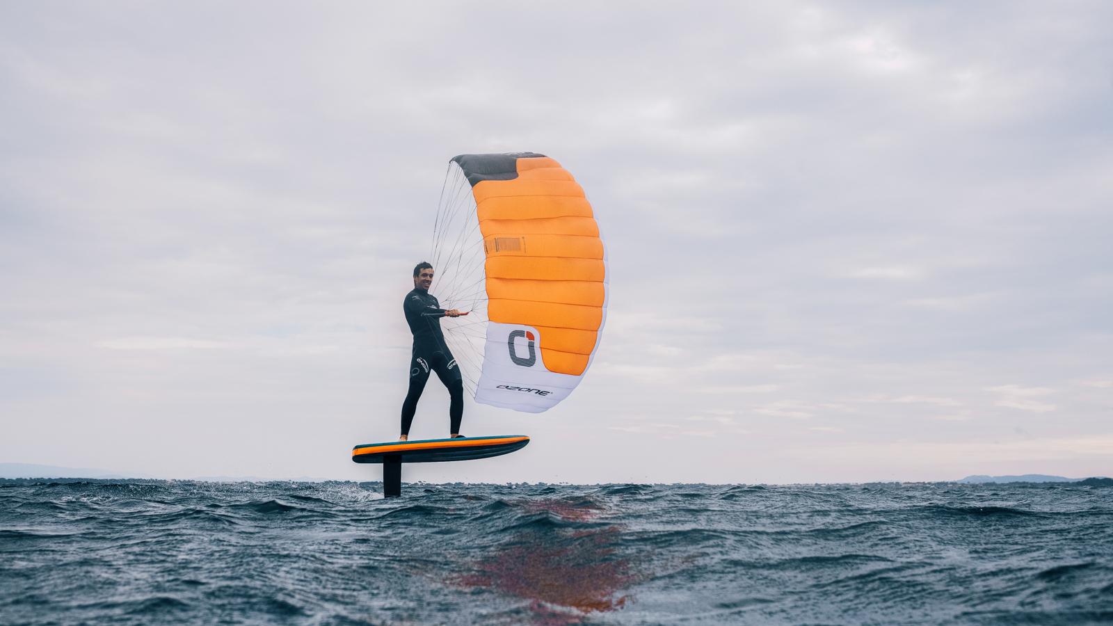 Ozone Pocket Rocket clean side view showing the full parawing foiling setup in action